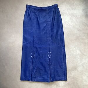 Vintage Shalmay Leather Electric Blue Midi Skirt Rhinestones Pleats XS S